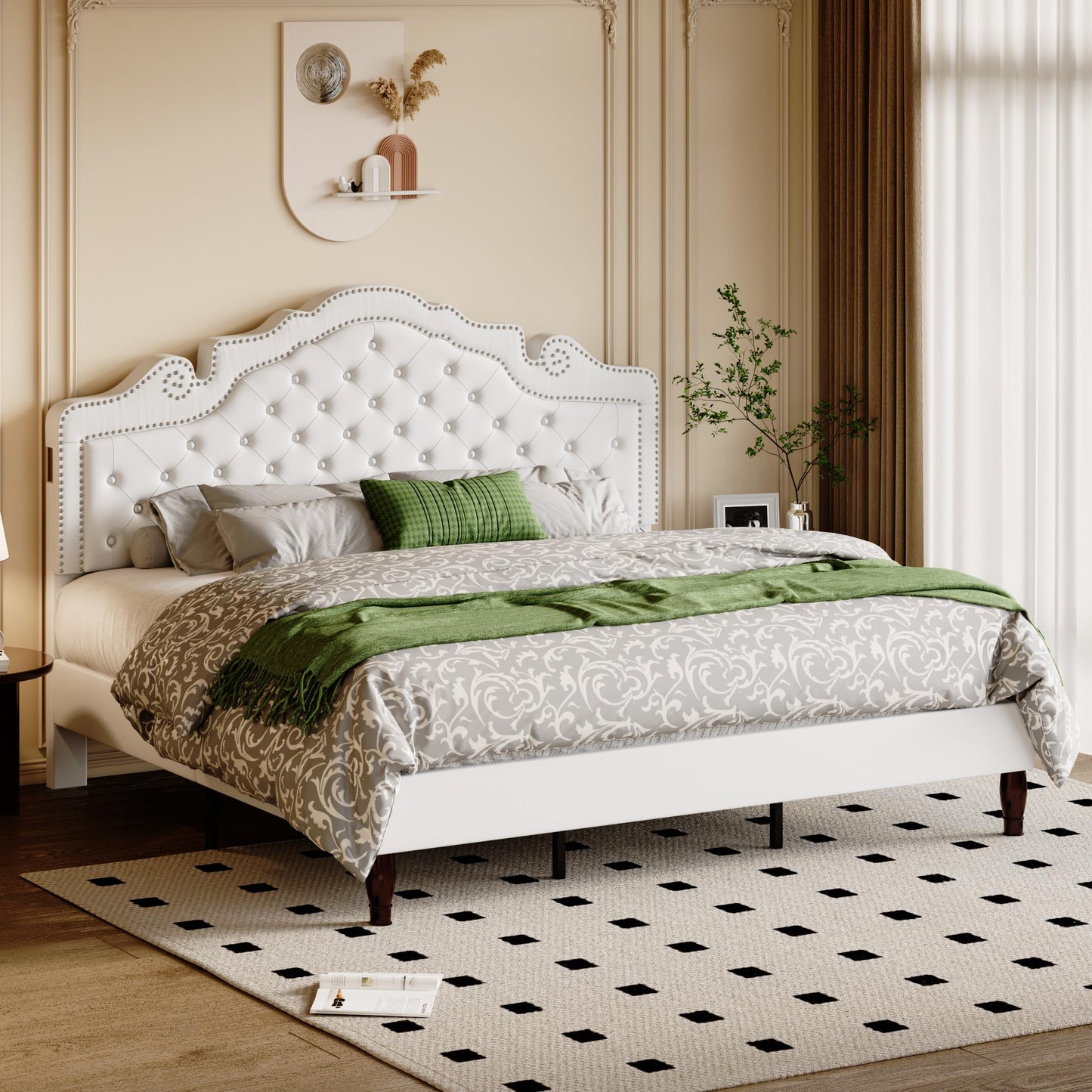 Allewie King Bed Frame with Adjustable Velvet Tiara Headboard, Upholstered Diamond Button Tufted Platform Bed, Wood Slats Support, No Box Spring Needed, Mattress Foundation, Easy Assembly, White