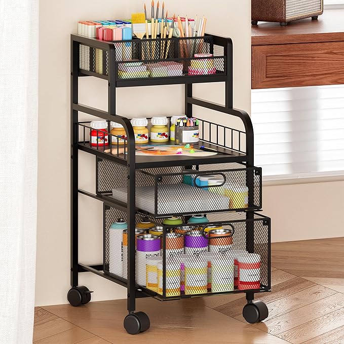 SWTYMIKI Rolling Cart with Drawers - Metal Craft Cart with Wheels, DIY Divider and Wood Shelf, Art Supply Organizer for Under Desk Storage, Utility Storage Cart for Home Office Studio, Black