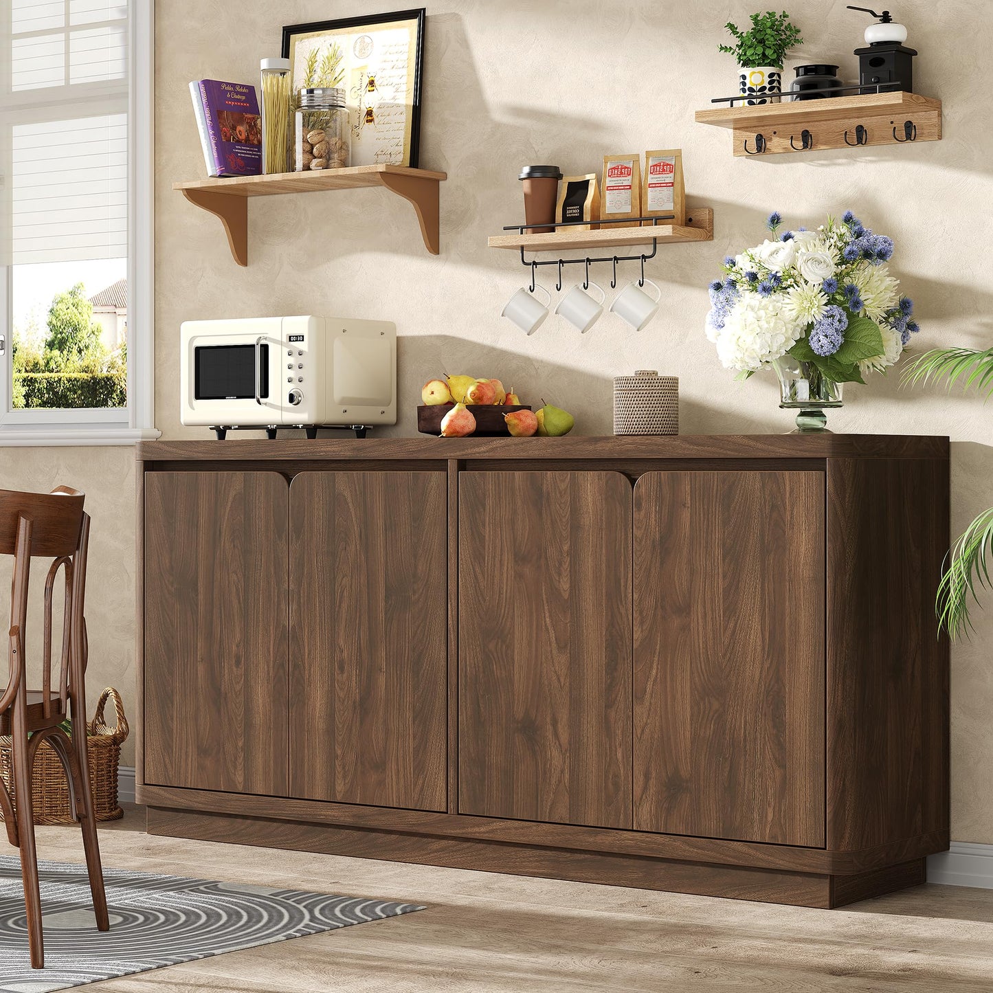 knoworld Buffet Cabinet with Storage, Outlet & Adjustable Shelves, Sideboard Cabinet with Double-Arc Doors, Classic Modern Wood Console Table & Credenza for Dining Room & Entryway