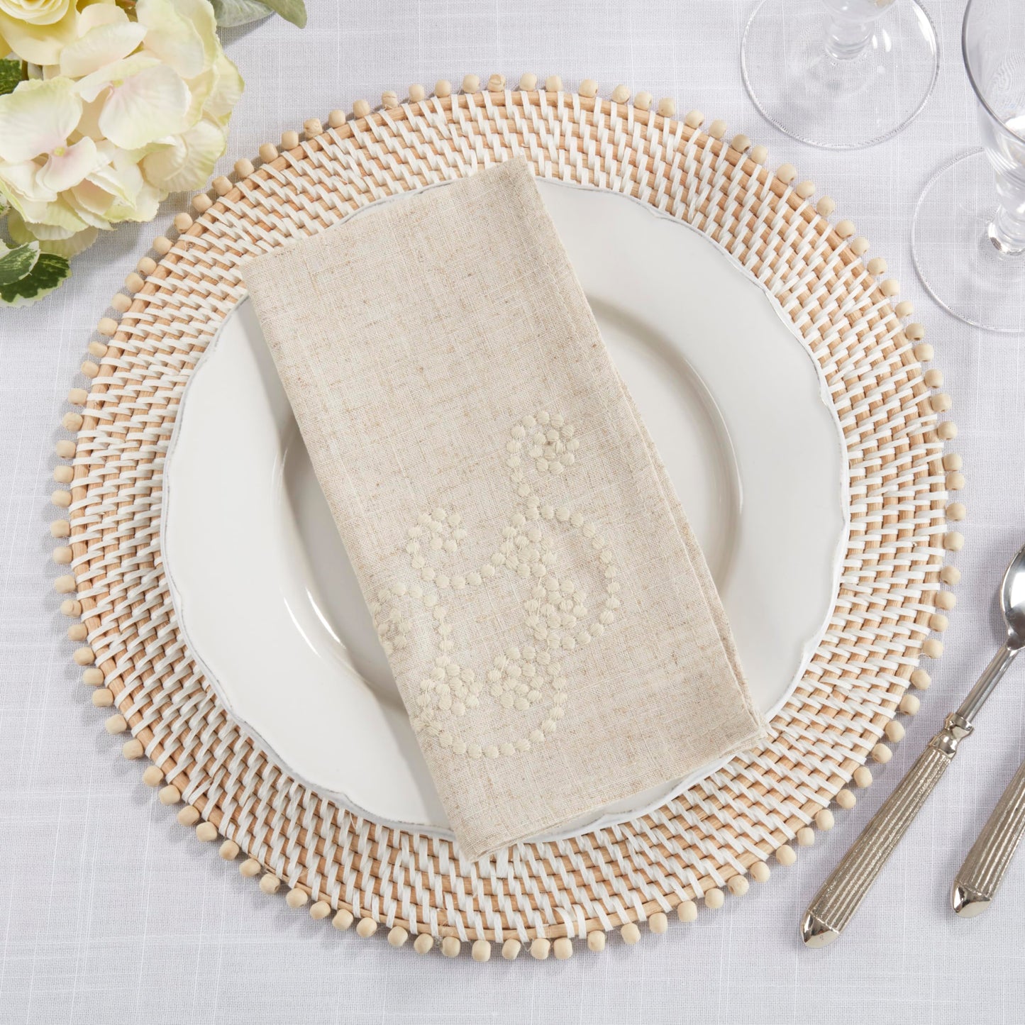 SARO LIFESTYLE 001.N1690B Augustina Collection Embroidered Swirl Design Linen Blend Table Runner, 16" x 90", Natural