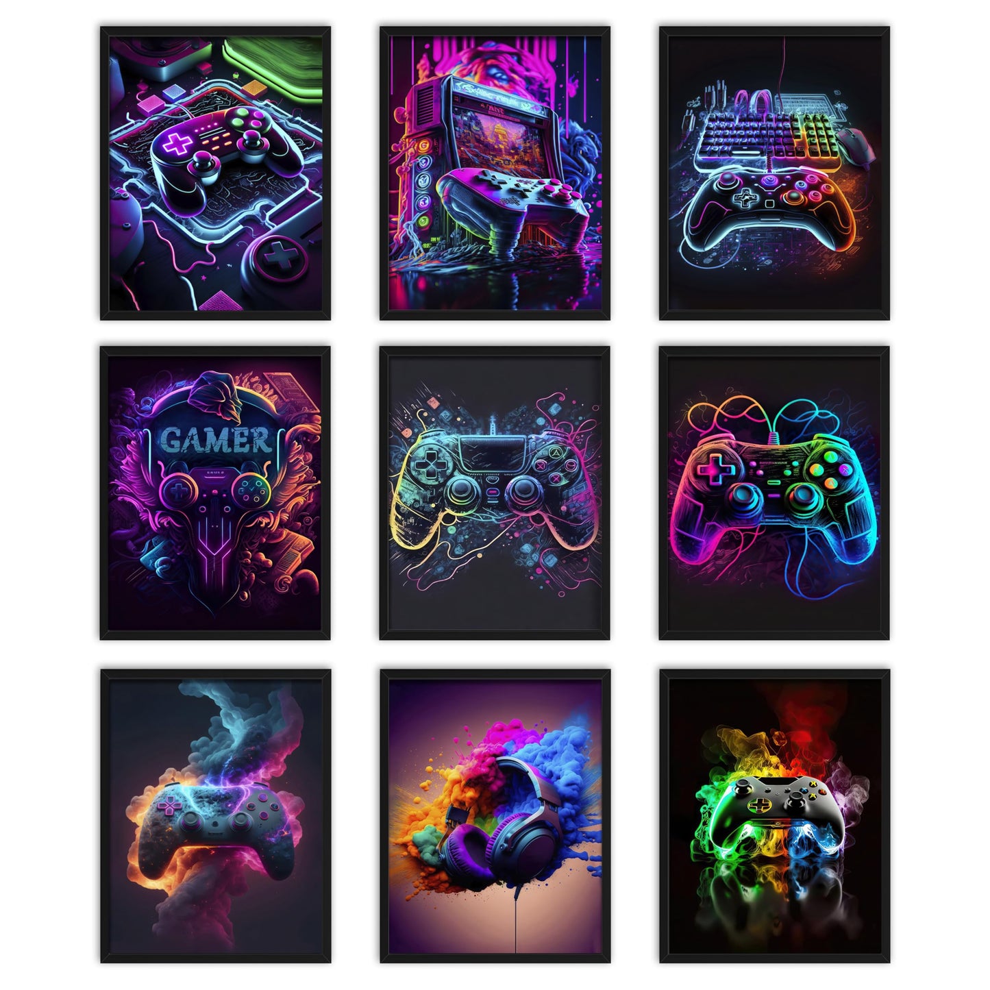 MUWAK Canvas Cool Game Posters Wall Art Set of 9 – Neon Gamepad Graffiti Prints, Gaming Wall Decor Aesthetic Pictures for Teen Bedroom Dormitory Game Room Decorate – 8x10in Unframed
