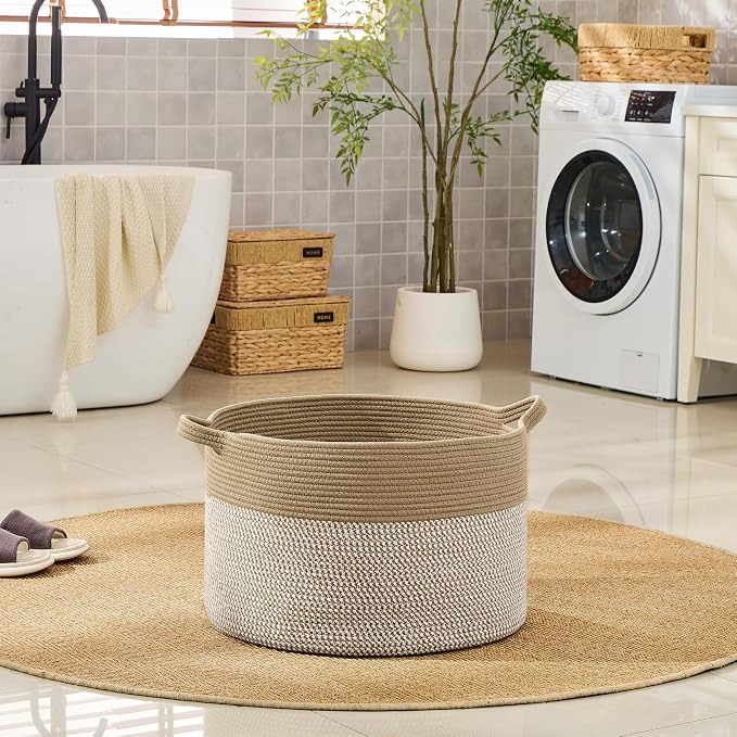 KAKAMAY Cotton Rope Storage Basket (20"x13"),Woven Hamper for Blankets,Toys,Pillows,Clothes,Laundry,Sturdy Handles Decorative Basket for Living Room, Bedroom,Nursery(Brown/White)