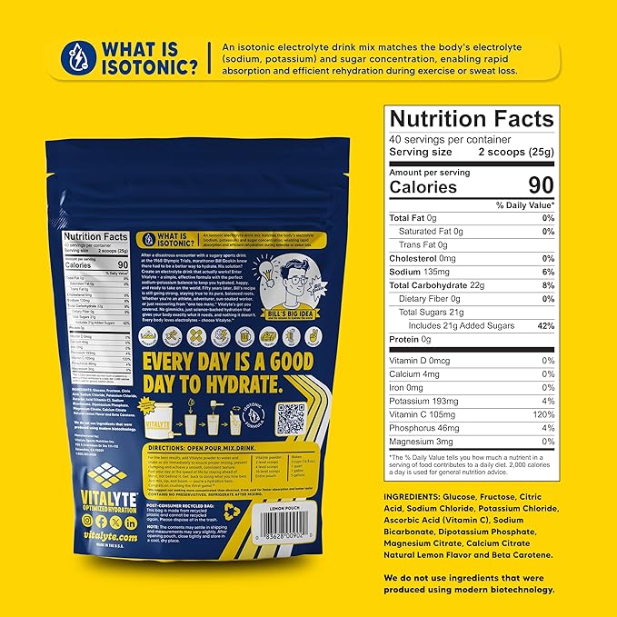 Vitalyte Electrolyte Powder Drink Mix, Isotonic Electrolyte Hydration Mix, Gluten Free Post Workout Powder Mix, Pack of 1, 35 oz., Lemon Flavor