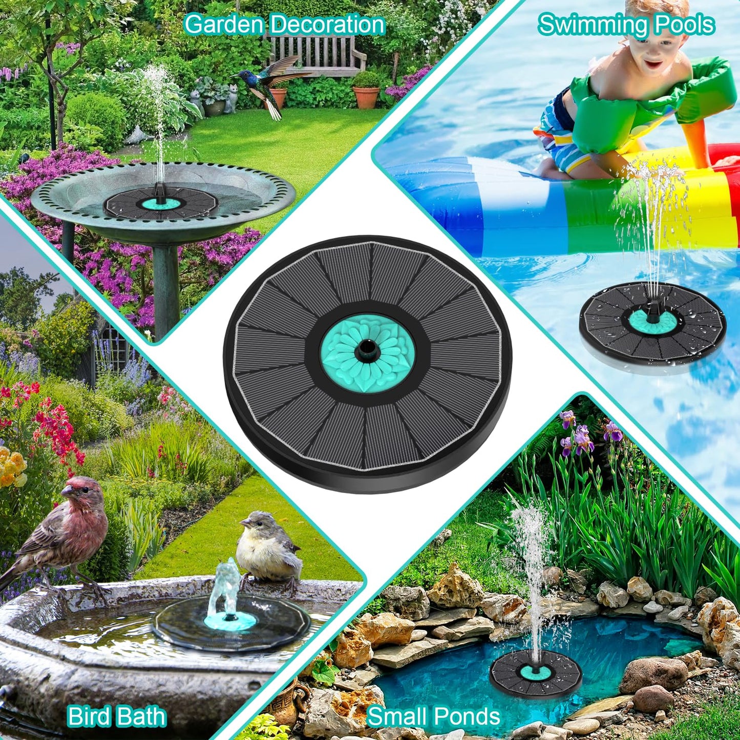 GAIZERL Solar Fountain Cyan Flower, Upgrade 3.5W Solar Bird Bath Fountains, Solar Powered Water Fountain with 7 Nozzles, 4 Fixed Pipes for Hummingbirds, Bird Bath, Garden, Pool, and Pond