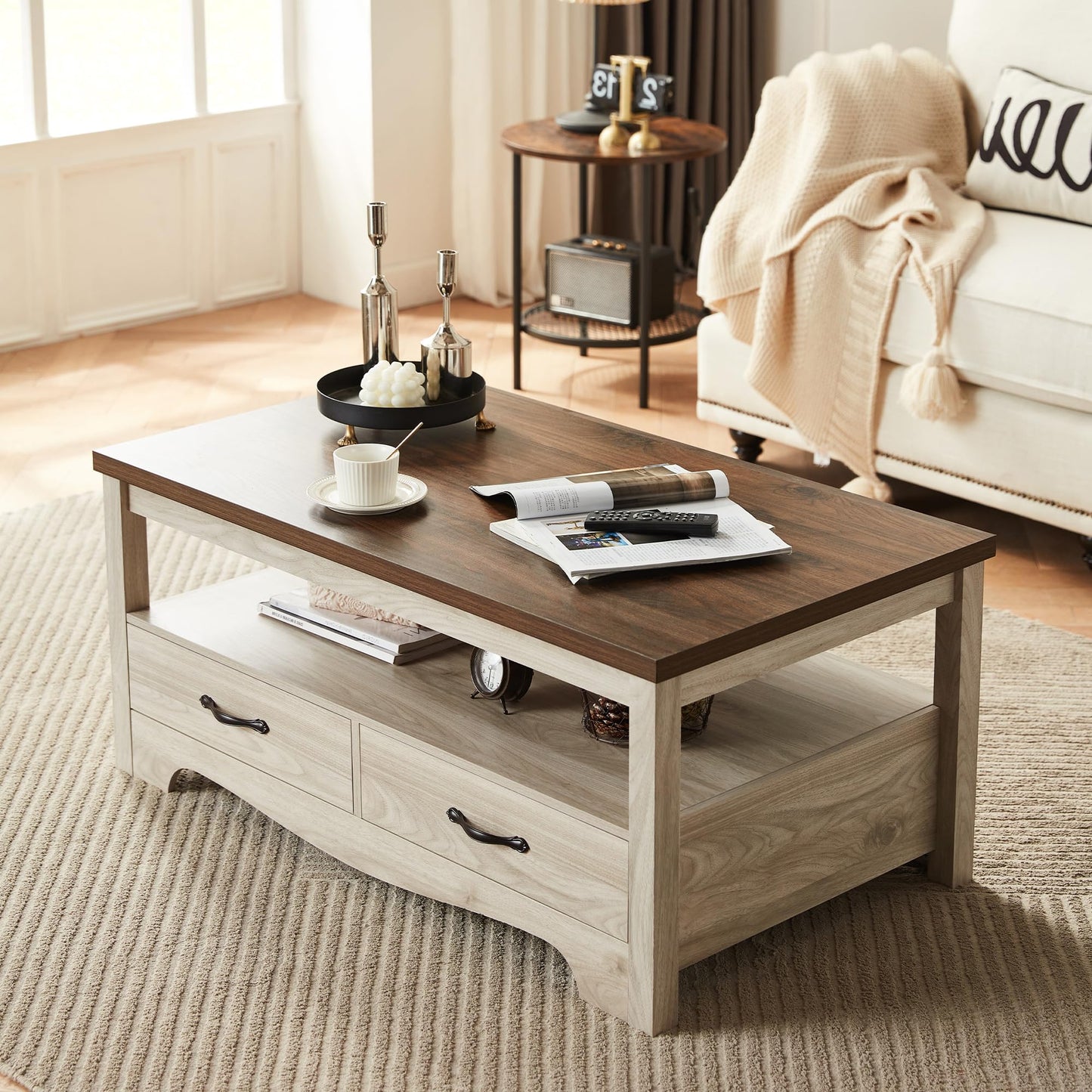 LINSY HOME Farmhouse Coffee Table with Storage, Wood Coffee Table for Living Room, Open Display Area and Storage Drawers with Metal Handles, Chic Style with Curved Base. Oak and Brown