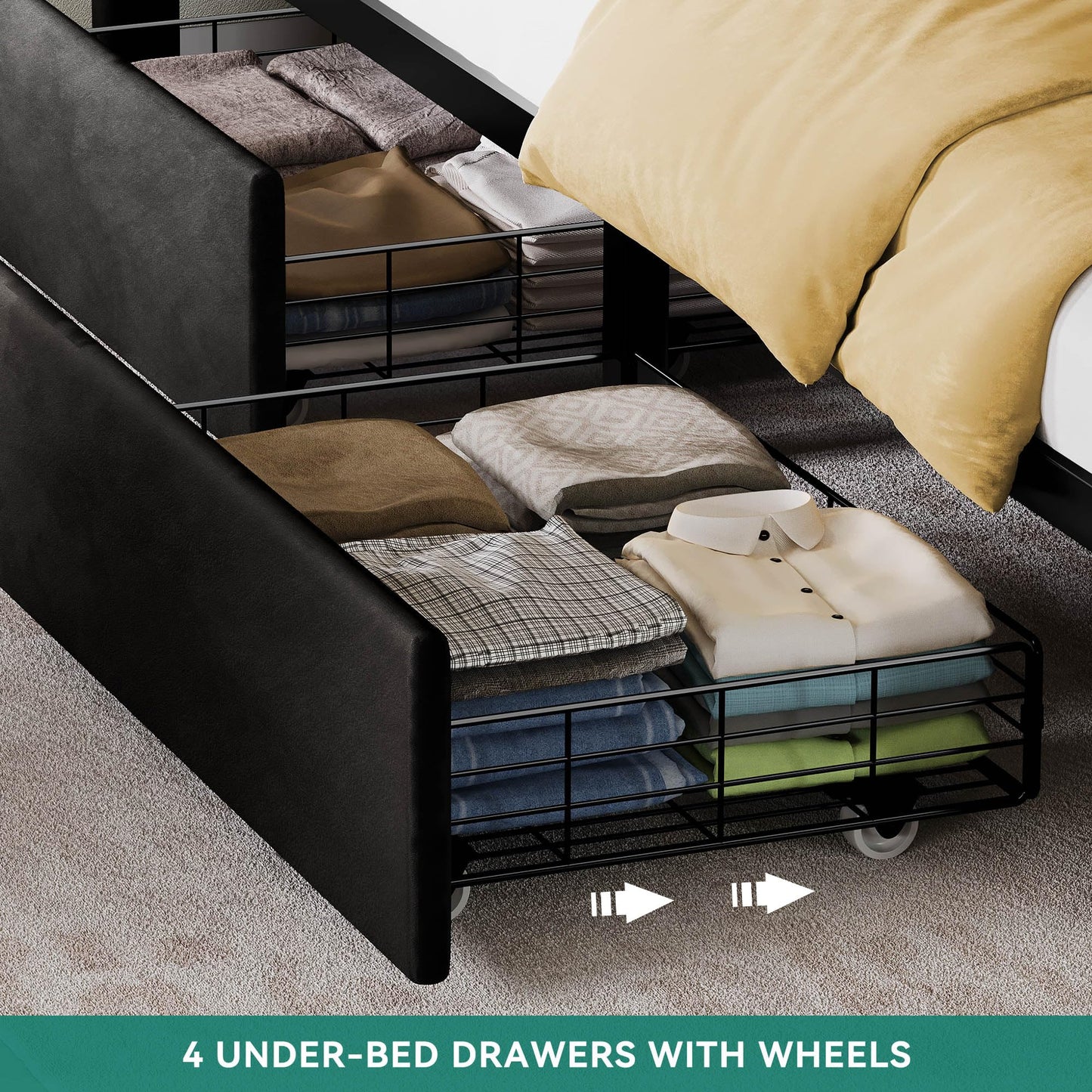 YITAHOME Queen Size Bed Frame with 4 Drawers and RGB LED Lights, Velvet Upholstered Platform Bed with Charging Station and Storage Headboard, No Box Spring Needed, Easy Assembly, Black