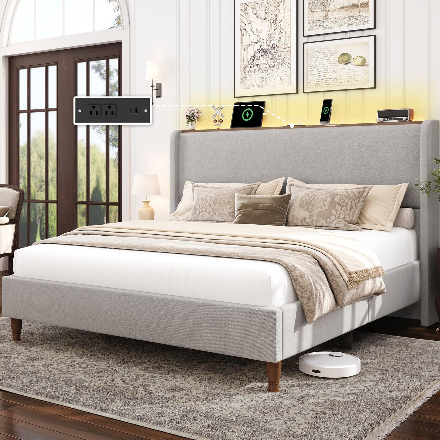 LARMACE Queen Size Bed Frame with LED Lights and Charging Station Linen Upholstered Platform Bed Frame with 51.2" Tall Wingback Headboard and Storage Shelf, No Box Spring Needed, Easy Assembly, Grey