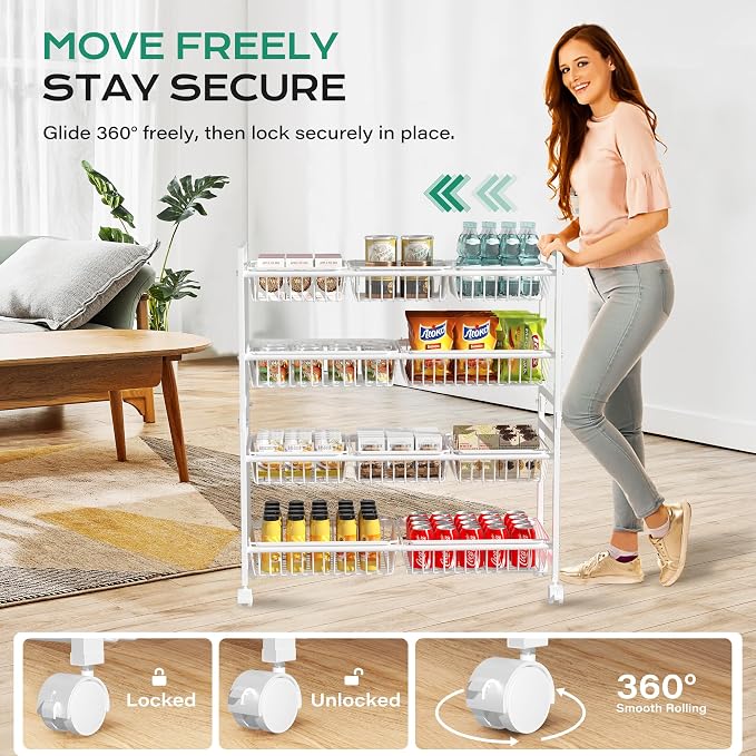 Cinati 4-Tier Snack Cart with Wheels, 29''W Toy Storage Organizer, Rolling Pantry Storage Cart with 10 Wire Baskets & Handle,Adjustable Metal Snack Rack, Kitchen Organizer for Fruit, Vegetables(White)