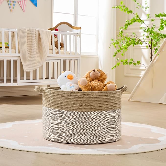 KAKAMAY Cotton Rope Storage Basket (20"x13"),Woven Hamper for Blankets,Toys,Pillows,Clothes,Laundry,Sturdy Handles Decorative Basket for Living Room, Bedroom,Nursery(Brown/White)