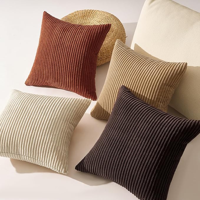 Topfinel 20x20 Decorative Pillow Covers Set of 4 Rustic Modern Soft Corduroy Striped Cushion Covers Beige Brown Gradient Farmhouse Pillow Case for Sofa Couch Living Room Bedroom