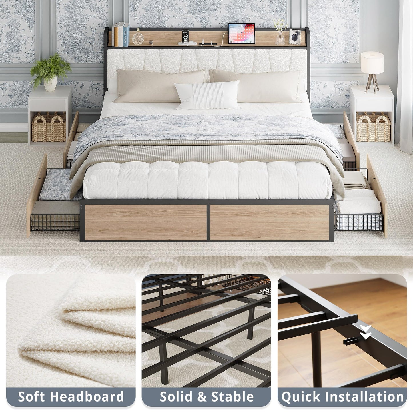 LIKIMIO King Bed Frame with 4 Storage Drawers, Platform Bed with Charged Headboard, Sturdy and Stable, No Noise, No Box Spring Needed, Easy Install, Wood and Cream