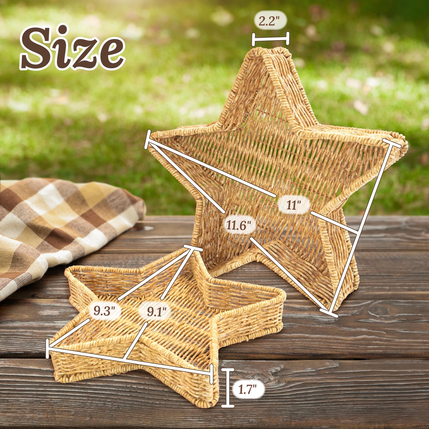 WeeNest Star Wicker Basket, Rattan Basket, Decorative Basket, Star Plates, Woven Basket for Gifts, Christmas Stars, Christmas Serving Dishes and Platters, Oat milk, Resin Wicker Set of 2