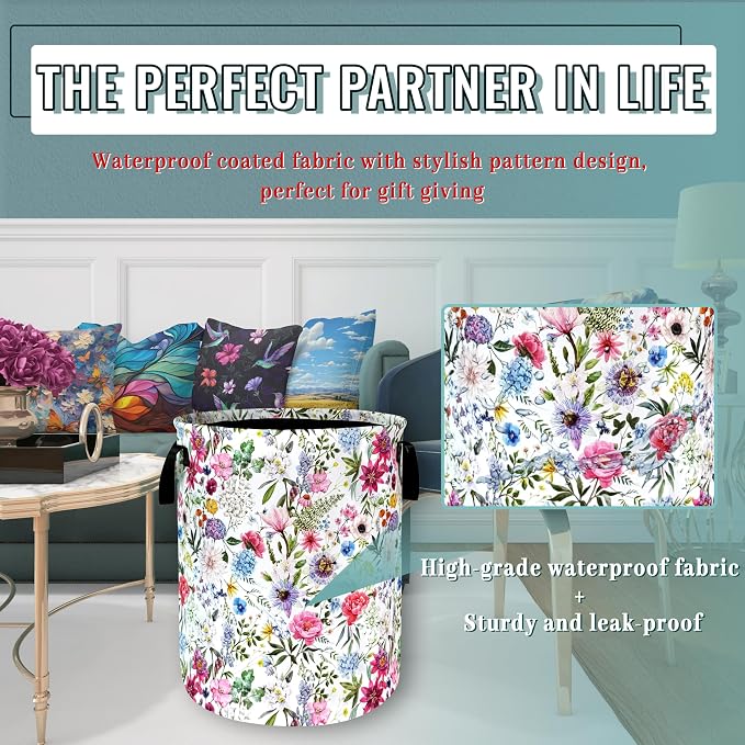 Watercolor Flower Floral Laundry Basket Foldable With Handles Tote Bag Oxford Cloth Colorful Laundry Hamper Clothes Storage Bucket Toy Organizer 18.9" x 16.5" For Bathroom/Laundry/Bedroom