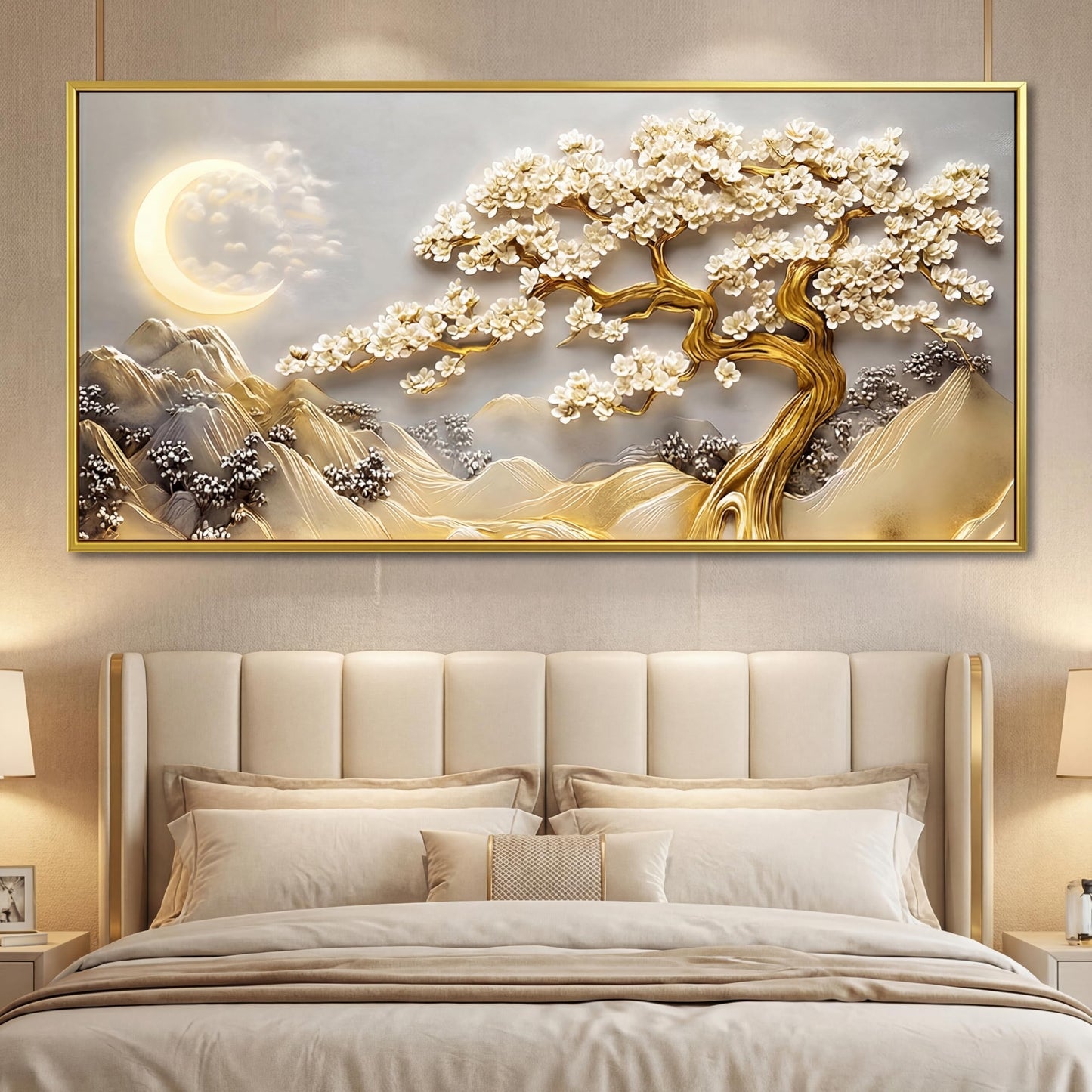 BirdSuite Gold Framed Lucky Tree Wall Art, Framed Canvas Print with Golden Tree & Moon Landscape, Ready to Hang Wall Decor for Living Room Bedroom Office Dining Room Entryway 48x24 inchs
