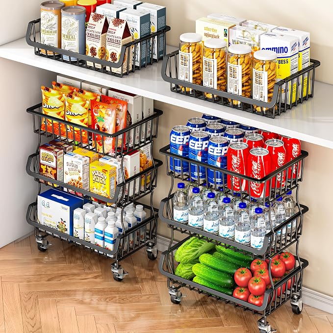 Gsiekare 3-Tier Rolling Pantry Organizer and Storage Cart with Wheels – Stackable Wire Snack Cart for Kitchen, Pantry Shelves and Storage Rack for Fruit, Vegetables, Onion, Potato (1 Pack)
