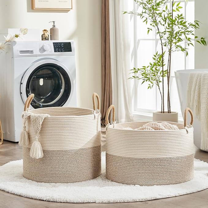 KAKAMAY Cotton Rope Storage Basket (20"x13"),Woven Hamper for Blankets,Toys,Pillows,Clothes,Laundry,Sturdy Handles Decorative Basket for Living Room, Bedroom,Nursery(Beige)