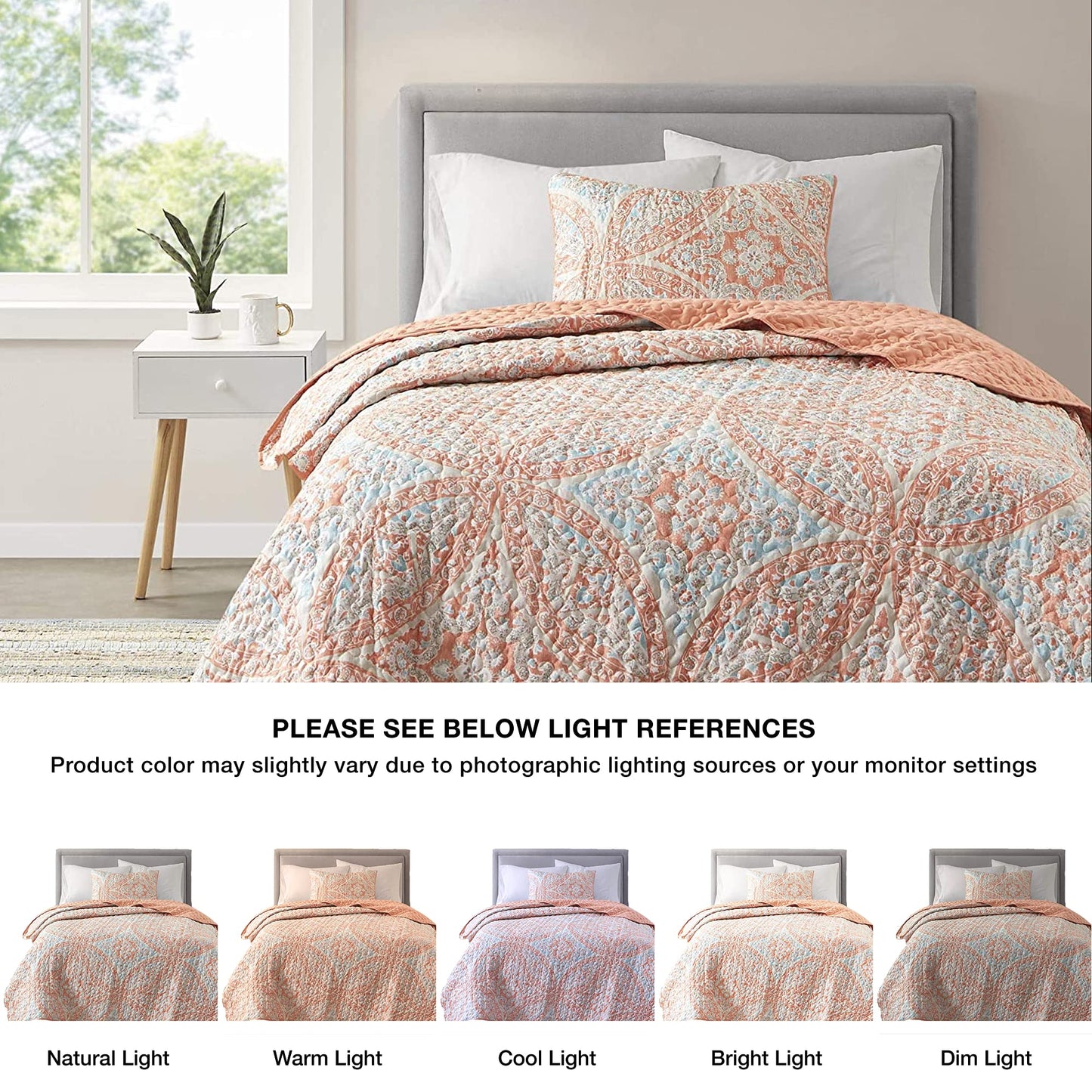 Comfort Spaces Reversible Quilt Set-Vermicelli Stitching Design All Season, Lightweight, Coverlet Bedspread Bedding, Matching Shams, Twin/Twin XL (66 in x 90 in, Gloria Damask Coral 2 Piece