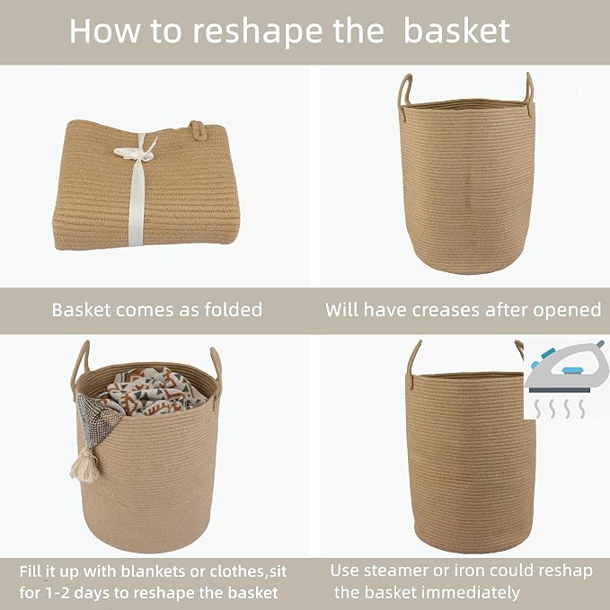 XUANGUO Cotton Rope Laundry Basket Hamper for Clothes Woven Storage Basket for Living Room Bedroom Boho Tall Rope Baskets for Blanket Toys Pillow Towels Baby Nursery Hamper Bin Large jute