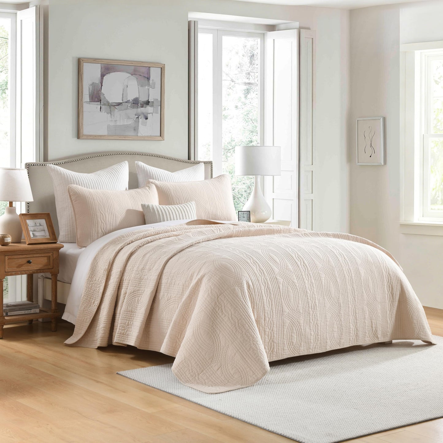 Homzard Quilts Queen Size Bedding Set, 100% Cotton Beige Queen Size Comforter Set,Wave Pattern Bedspread Set,Solid Modern Bedding Coverlet 3 Piece Bed Set, All Season