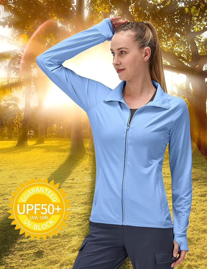 Women's UPF 50+ UV Sun Protection Clothing Long Sleeve Athletic Hiking Shirts Lightweight SPF Zip Up Outdoor Jacket