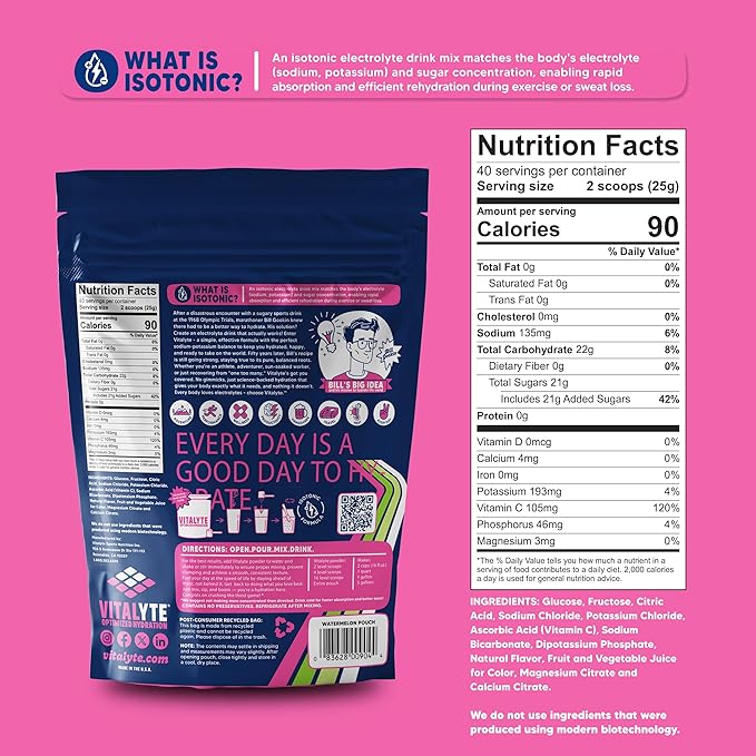 Vitalyte Electrolyte Powder Drink Mix, Isotonic Electrolyte Hydration Mix, Case Pack (6 Pack, Watermelon)