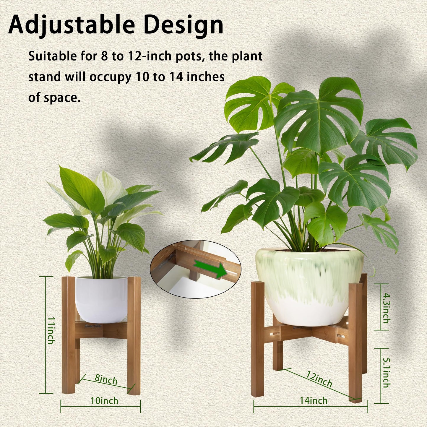 homerylline Adjustable plant Stand, bamboo plant Stand, sturdy plant support, suitable for 8, 9, 10, 11, 12-inch flowerpots, Flower Stand for Living Room Balcony Garden Patio