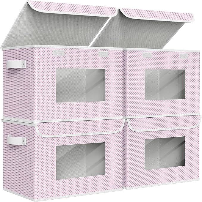 Univivi Fabric Foldable Storage Boxes [4-Pack] Large Collapsible Stackable Storage Bins with Lids, Closet Organizers and Storage Cube Basket for Home, Office, Bedroom (Pink, 17”x 12” x 12”)