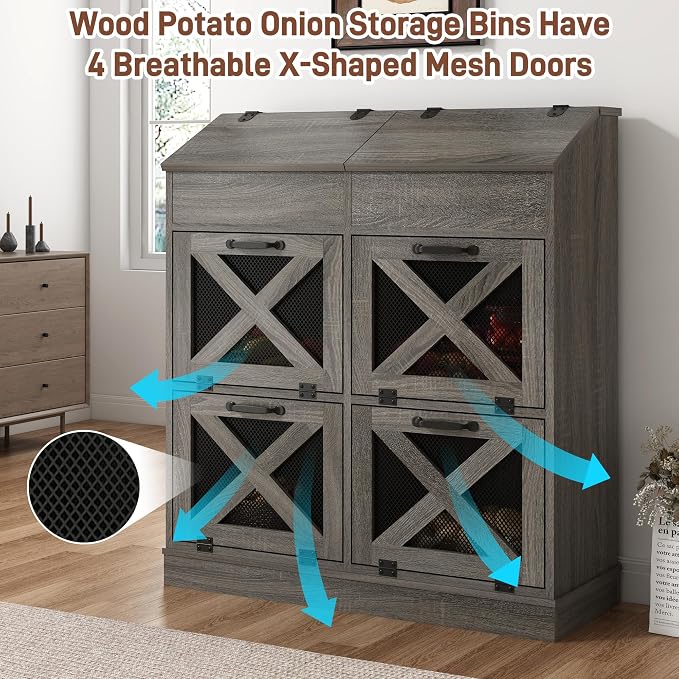 Potato And Onion Storage Bin with Lid,Veggie Bin W/6 Large Storage Box.Root Vegetable Storage Box For Kitchen,Farmhouse Potato Storage Bin W/4 Mesh Doors,Bread Keeper for Toast,Bagel,Donut,Cookies