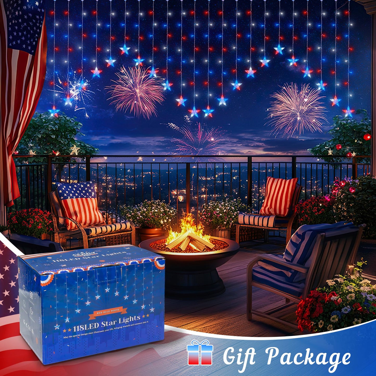 woohaha 4th of July Patriotic Star Icicle Lights,118LED Red White and Blue Curtain Window Lights,Connectable Star String Light Plug in for Independence Day,Garden,Fourth of July Decorations