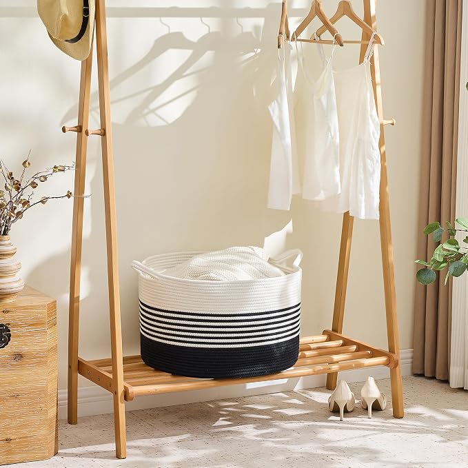 KAKAMAY Cotton Rope Storage Basket (20"x13"),Woven Hamper for Blankets,Toys,Pillows,Clothes,Laundry,Sturdy Handles Decorative Basket for Living Room, Bedroom,Nursery(Black/Black Fringe)