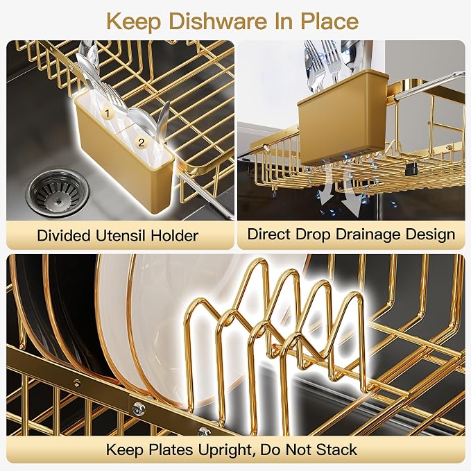 JASIWAY Gold Expandable Stainless Steel Dish Drying Rack Over The Sink for Small Kitchen, Counter Space Saving Compact Plate Drainer Strainer, Adjustable Hanging Metal Dish Dryer with Utensil Holder
