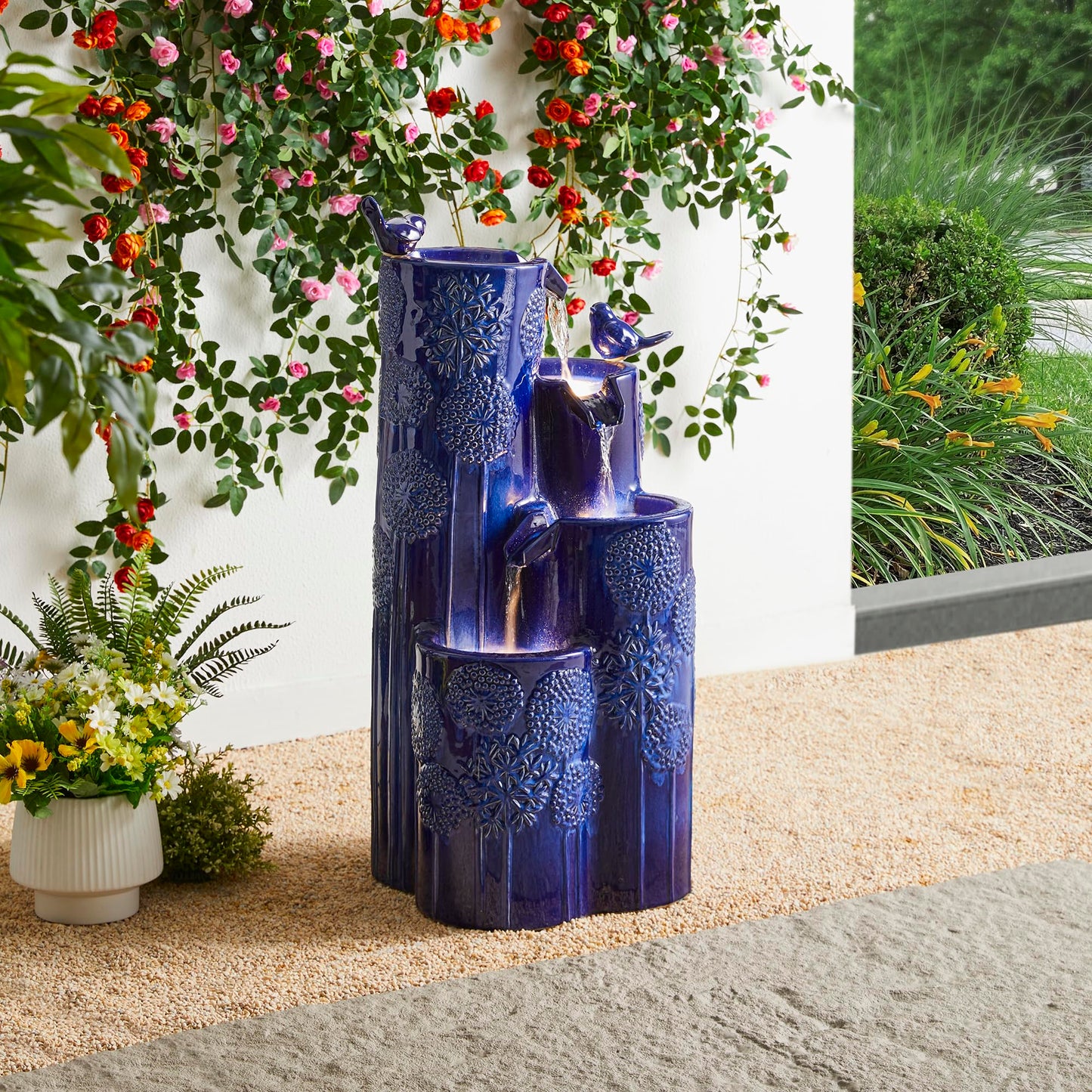 Glitzhome 32" H Outdoor Water Fountain with LED Lights and Pump, 4 Tier Ceramic Cobalt Blue Dandelion Texture Outdoor Fountains and Waterfalls with Cute Birds, for Porch Deck Garden Patio Backyard