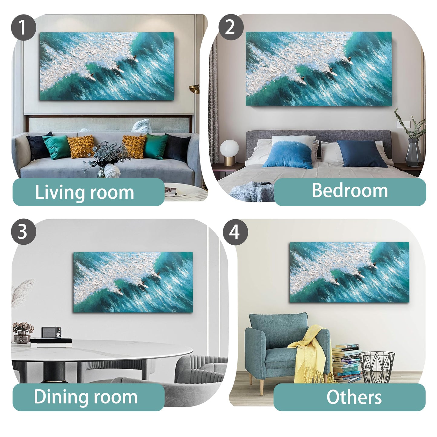 Large Beach Wall Art for Living Room 20"x40" Blue and White Hand Painted Surfing Ocean Wave Coastal Canvas Painting Seascape Artwork with Surfers Textured Art for Bedroom Office Ready to Hang