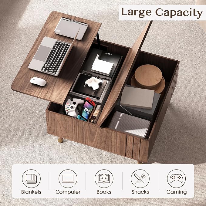 JOINICE 32" Square Lift Top Coffee Table with Storage,Mid Century Modern Walnut Center Table with Rising Desktop for Living Room, Brown Wood Finish
