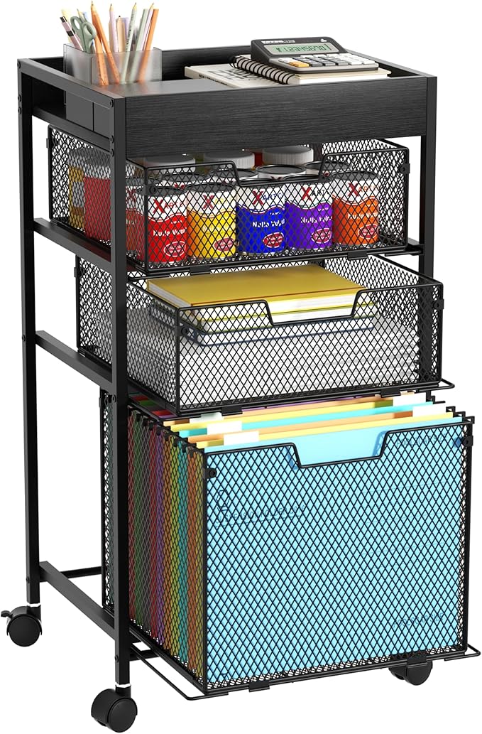 SWTYMIKI Rolling File Cart with Drawers - 4 Tier Under Desk Storage Craft Rolling Organizer Cart - Office Storage &Organization, Mobile Metal Filing Cabinet for Office and Home Black