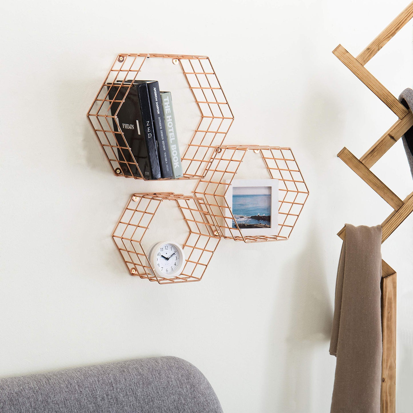 MyGift Copper Floating Hexagon Shelves, Hexagonal Copper-Tone Wire Wall-Mounted Hanging Shelf, Set of 3
