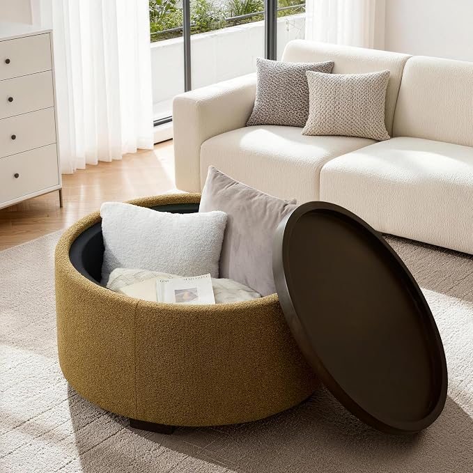 Zihanhome 30 Inch Round Storage Ottoman, Ottoman Coffee Table with Lift Off Lid, Boucle Modern Ottomans with Storage for Living Room, Bedroom, Apartments (Yellow)