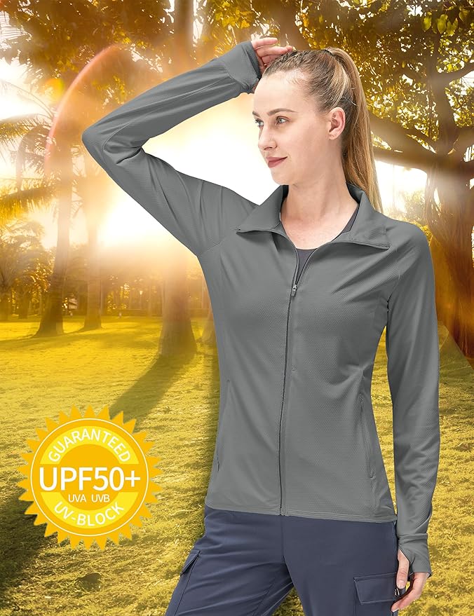 Women's UPF 50+ UV Sun Protection Clothing Long Sleeve Athletic Hiking Shirts Lightweight SPF Zip Up Outdoor Jacket