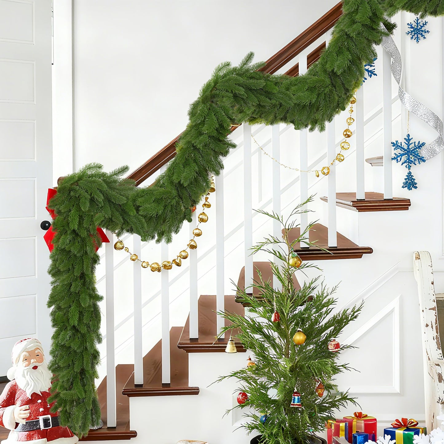Palonu 1 Pack 9 Ft Artificial Christmas Norfolk Garland, Faux Green Cedar Touch Like Real Pine Needles, Fake Winter Greenery Decoration for Indoor Outdoor Xmas Fireplace Table Mantle Stairs Decor