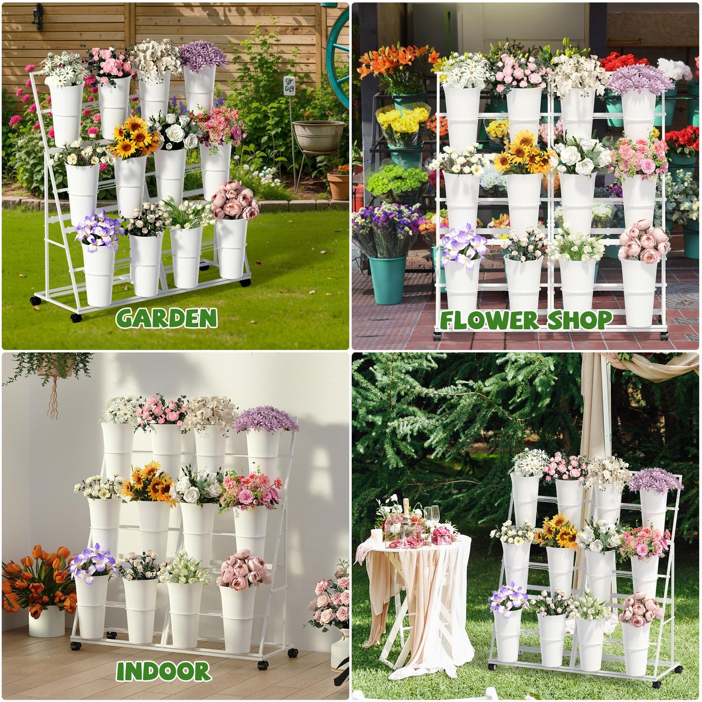 Invech Flower Display Stand with 12 Buckets and Wheels, 3 Tier Flower Cart Display Stand for Indoor Outdoor Garden, Wedding, Flower Shop (White)