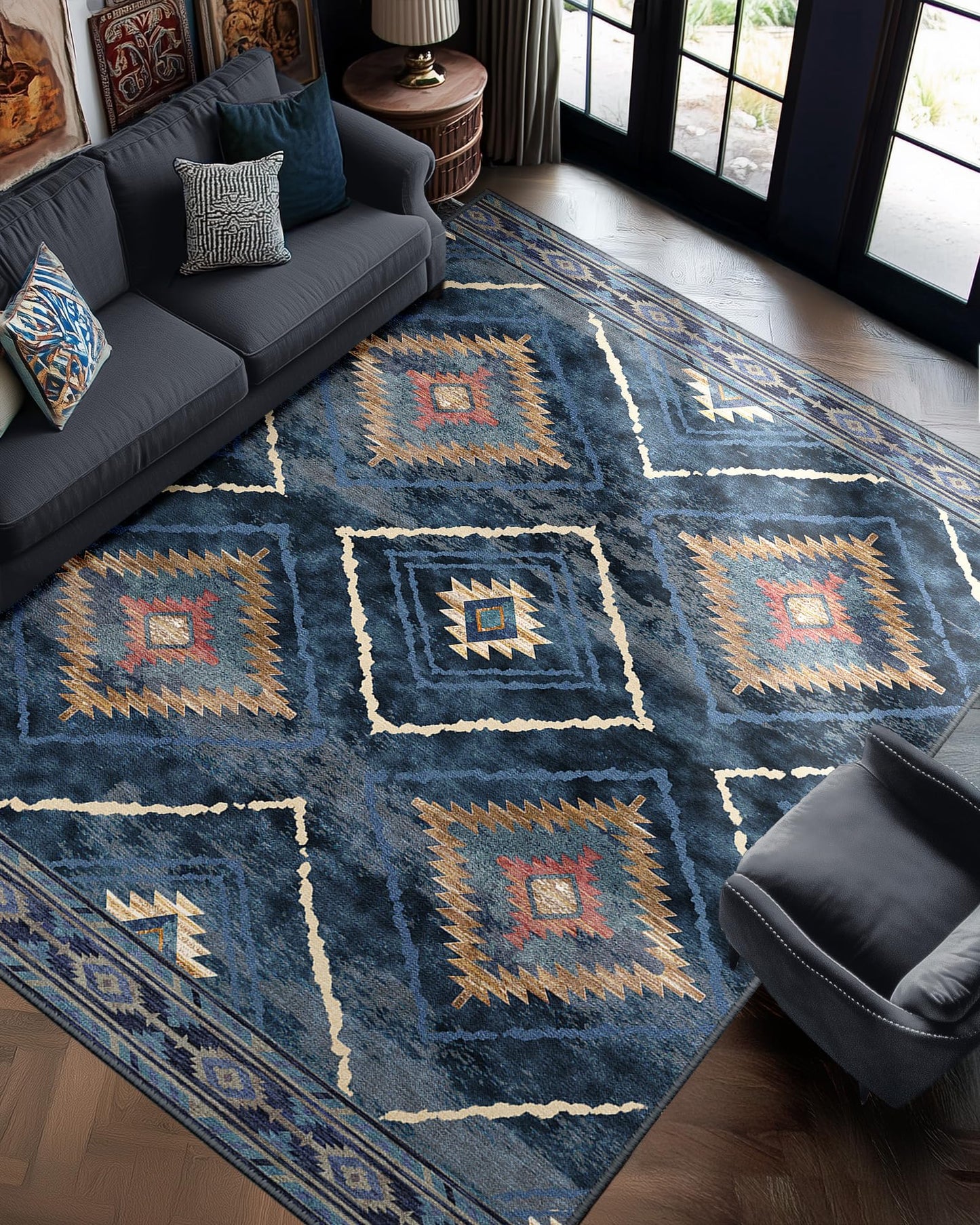 Area Rug 8x10 Rug Machine Washable Non-Slip Low Pile Print Pattern Western Rug for Living Room Bedroom Entryway Tribal Series -Darkblue