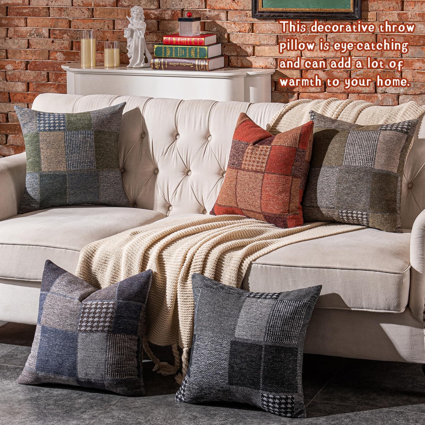AmHoo Set of 2 Throw Pillow Covers Woolen Patchwork Checkered Farmhouse Decorative Square Pillows Cover Pillowcase for Sofa Couch Bed 18 x 18-Inch Coffee