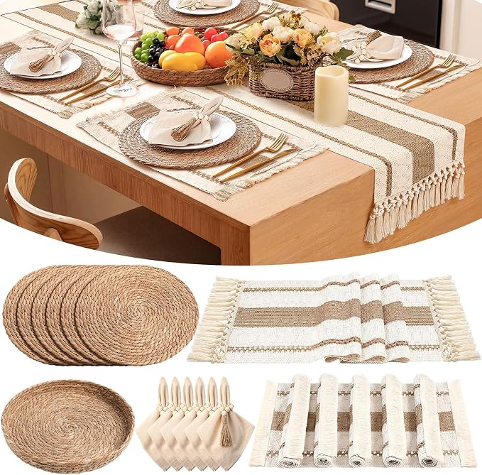 6 Sets Boho Decoration Placemats Round Woven Placemats, Cloth Napkins, Wood Bead Napkin Rings, Long Table Runner and Farmhouse Burlap Cotton for Table Kitchen (Brown,12x72)