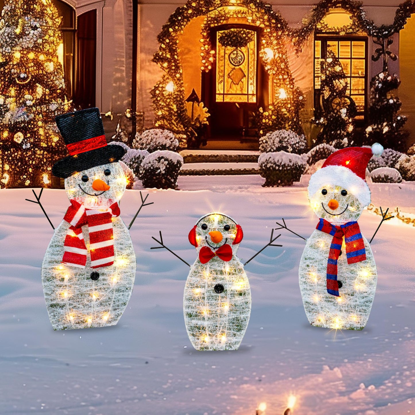 TW SHINE Lighted Christmas Snowman Outdoor Decoration, 3-Piece Pre-Lit 2D Snowman Family Set with 55 Warm White Lights, Christmas Yard Decorations for Patio Lawn Garden Decor, 29.9X12.2Inch-Large