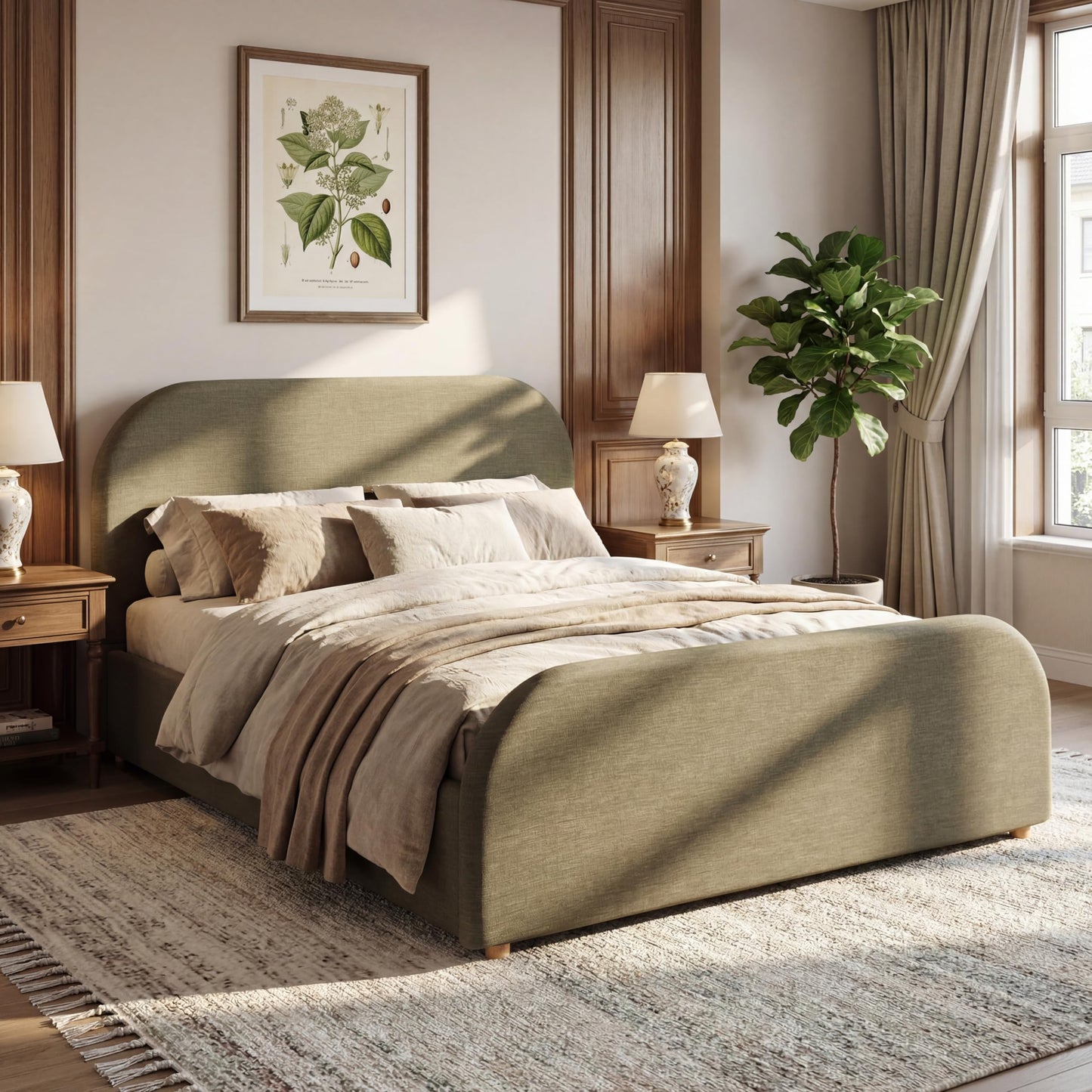 Christopher Knight Home Lanet Linen Upholstered Queen Size Bed Frame with Headboard, Modern Queen Bed Frame and Headboard, Wooden Slats Support, Easy Assembly, No Box Spring Needed, Olive Green