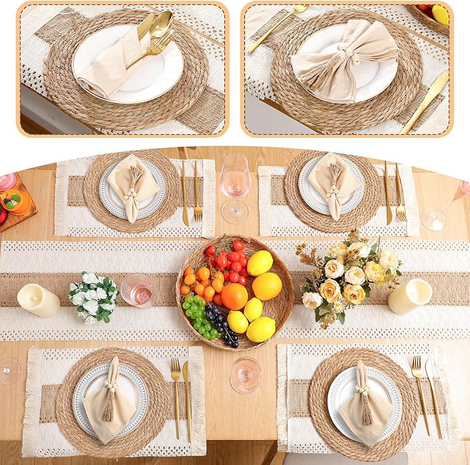 4 Sets Boho Decoration Placemats Round Woven Placemats, Cloth Napkins, Wood Bead Napkin Rings, Long Table Runner and Farmhouse Burlap Cotton for Table Kitchen (Khaki,12x72)