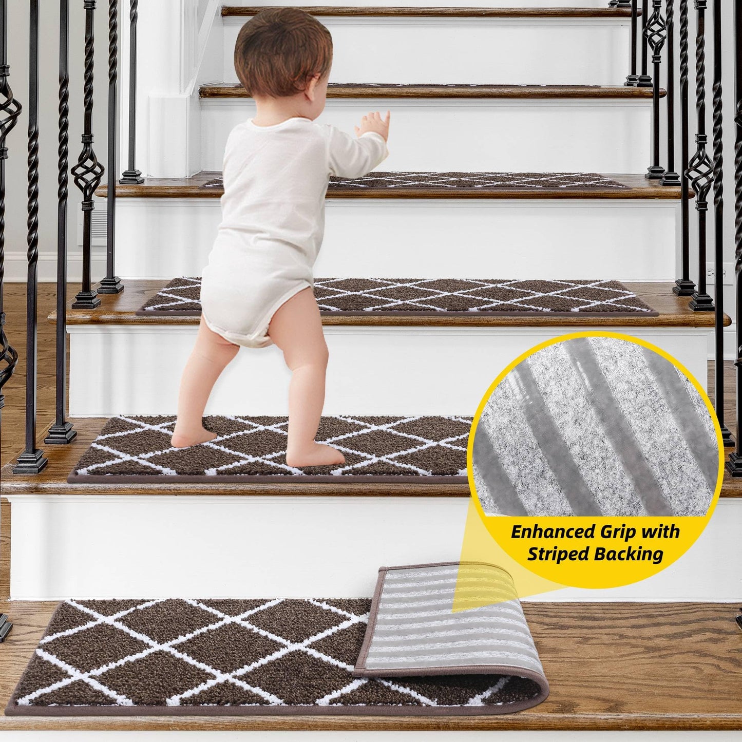 Non-Slip Stair Treads for Wooden Steps Indoor, 15 Pack 9" X 28" Edging Stair Carpet Mat with TPE Backing, 0.4" Thick Stair Runners for Kids Elders & Pets, 100% Polyester Stair Rugs, Brown&White
