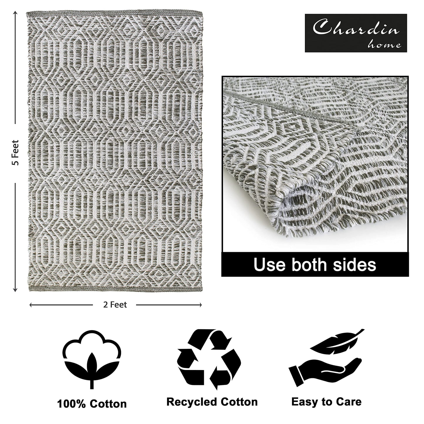Chardin home Grey, Green & Ivory Boho Throw Rug 2x3 feet |Hand Woven Farmhouse Rug | Great in Kitchens entryways doormats Bathrooms Meditation Mat | Machine Washable & Reversible Cotton Rugs