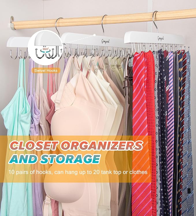 Gomyrod Bra Hanger for Closet, 2 Pack Tank Top Hanger w/20 Hooks Capacity Foldable Wood Space Saving Hangers, 360°Rotating Closet Organizers and Storage for Dorm & Apartment for Bra Scarf Ties(White)