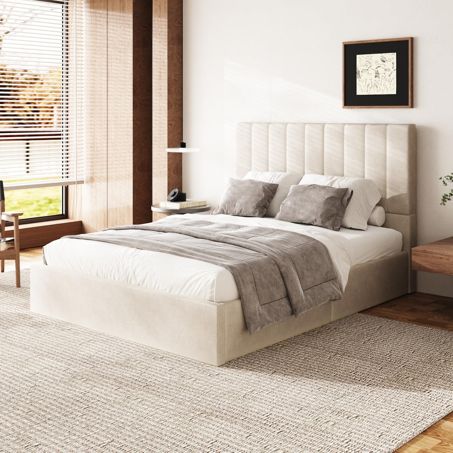 Sismplly Queen Size Cloud Bed Frame with 47" Tall Headboard, Velvet Upholstered Platform Bed with Thickened Sides & Footboard, Modern Floor-Standing Design, No Box Spring Needed, Easy Assembly, Beige